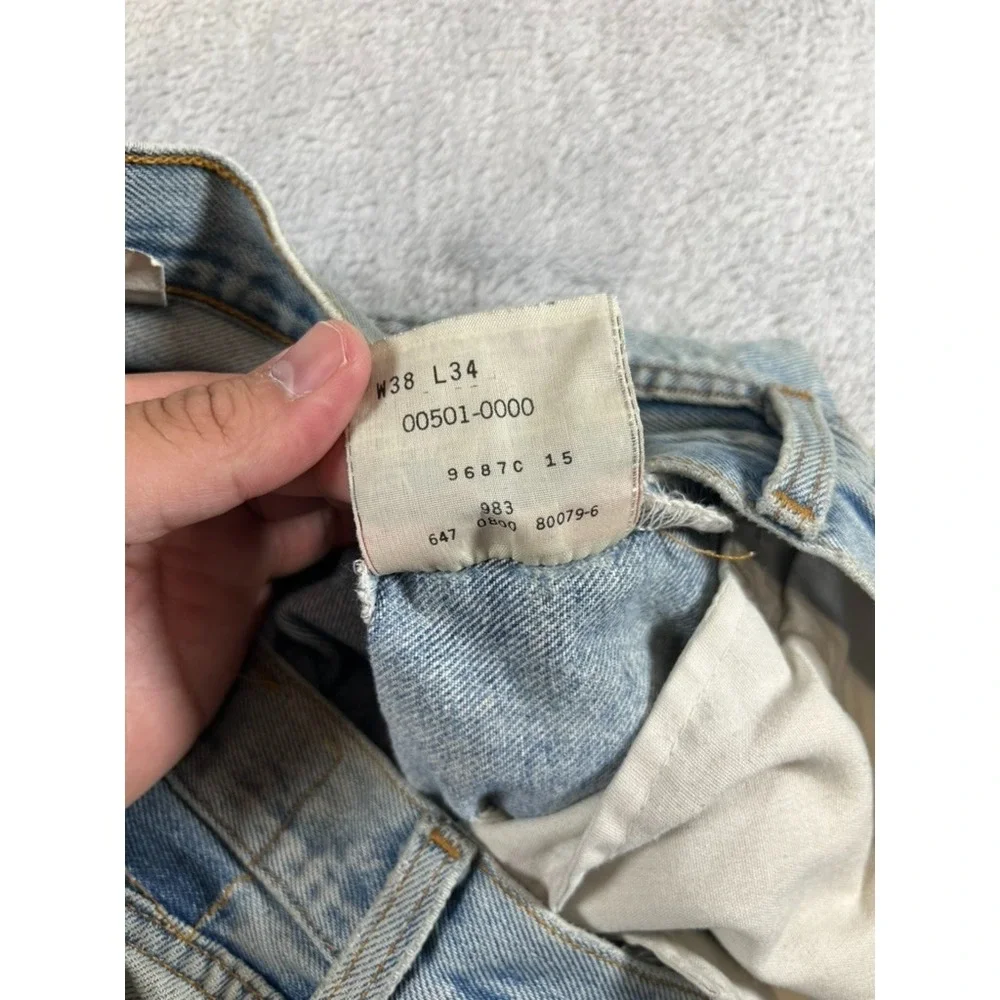VTG Levis 501 Button Fly Red Tag Distressed Men 38x34 Light Washer Biker Style - Picture 11 of 15